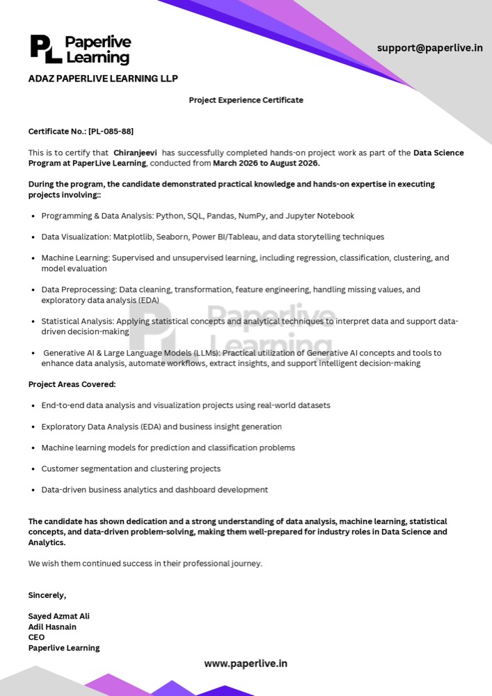 Project Internship certificate